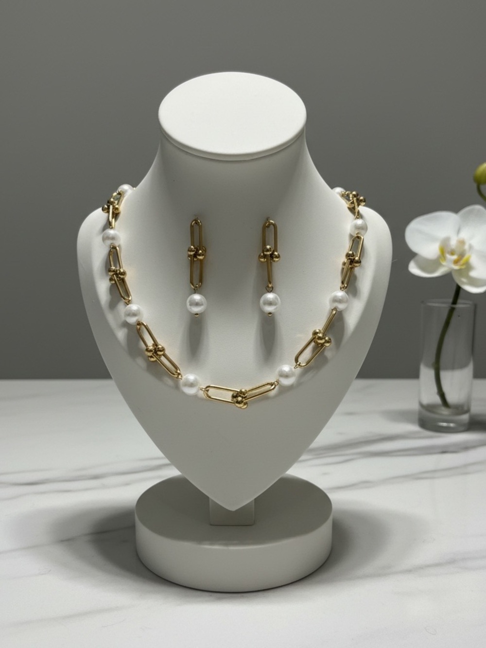Gold and White Pearl Link Necklace & Earring Set